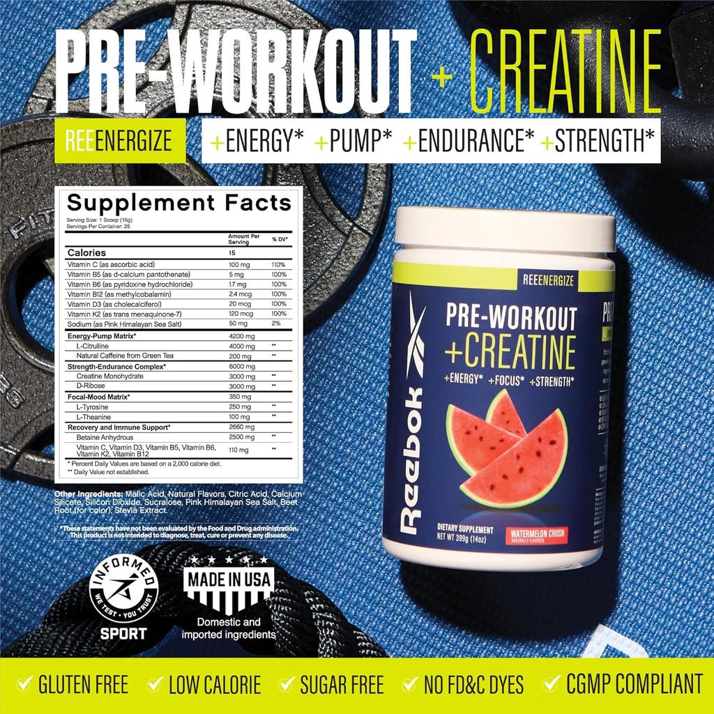 Reebok REEEnergize & REECover Bundle | Pre-Workout + BCAA Recovery System | Watermelon Crush & Strawberry Lemonade | Train & Recover Pack 5
