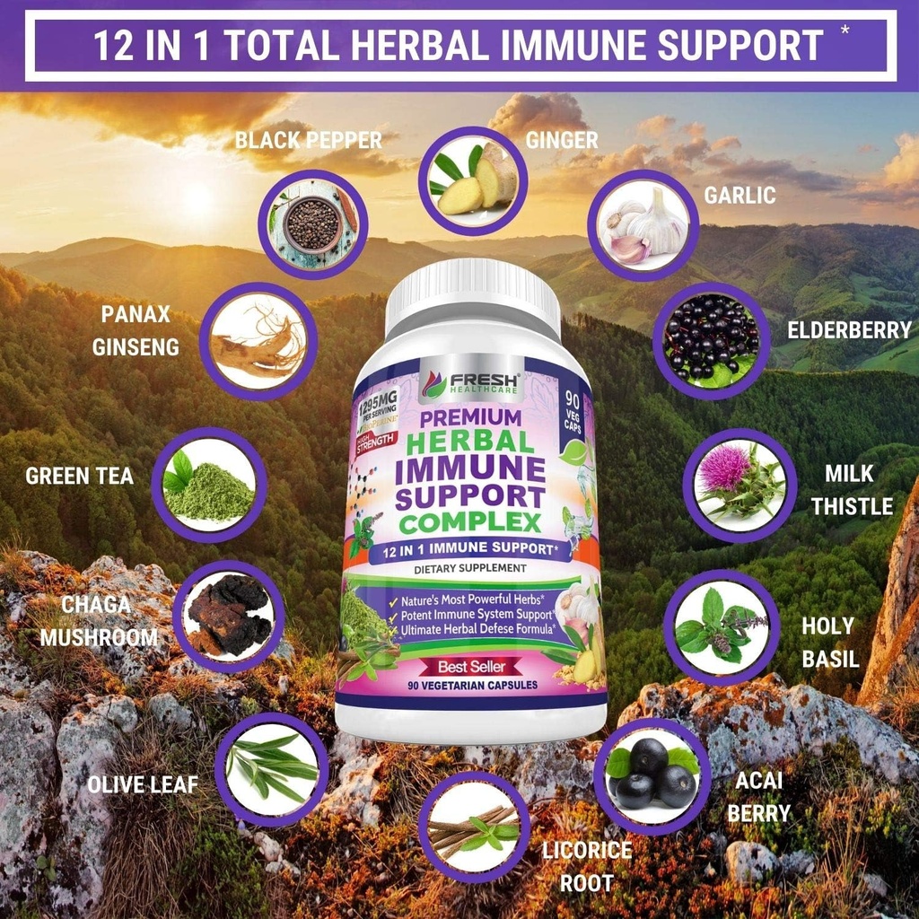 Immune Support Herbal Supplement - 12 in 1 Daily Immune Defense Booster - Garlic, Ginger, Elderberry, Holy Basil, Green Tea Extract, Milk Thistle, Mushroom & Panax Ginseng - 90 Vegan Capsules Pills 4