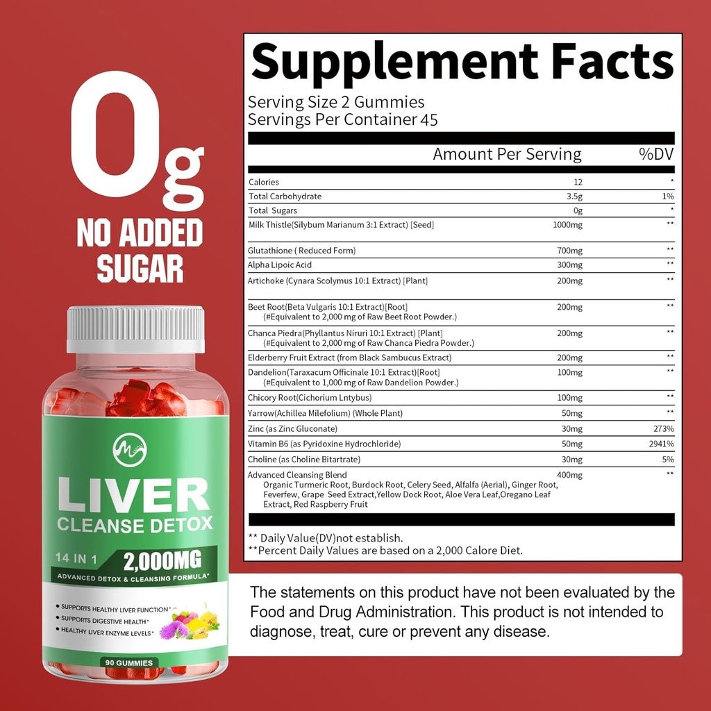 Liver Cleanse Detox & Repair Gummies, Sugar Free Liver Health Support Supplement with 2000mg Milk Thistle, Glutathion, Dandelion, Alpha Lipoic Acid, Artichoke and other Herbs, 1 Pack, Raspberry Flavor 3