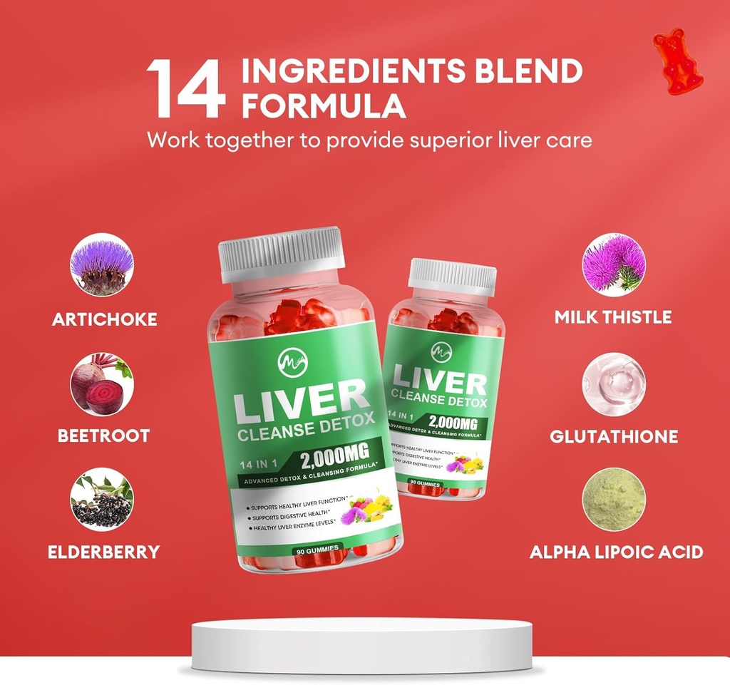 Liver Cleanse Detox & Repair Gummies, Sugar Free Liver Health Support Supplement with 2000mg Milk Thistle, Glutathion, Dandelion, Alpha Lipoic Acid, Artichoke and other Herbs, 1 Pack, Raspberry Flavor 6