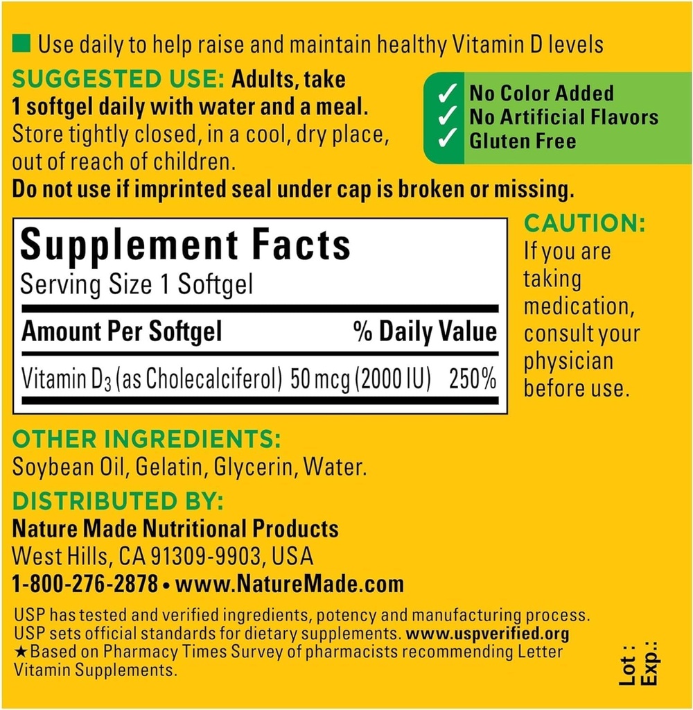 Nature Made Vitamin D3 2000 IU Liquid Softgels 90 ea (Pack of 2) 3