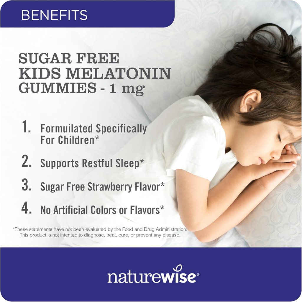 NatureWise Kids Melatonin 1 mg Sugar-Free Gummies for Children Ages 4 & Up - Non-Habit Forming Sleep Aid - Strawberry Flavored - Vegan, No Gluten, Non-GMO - 90 Count[3-Month Supply] 3