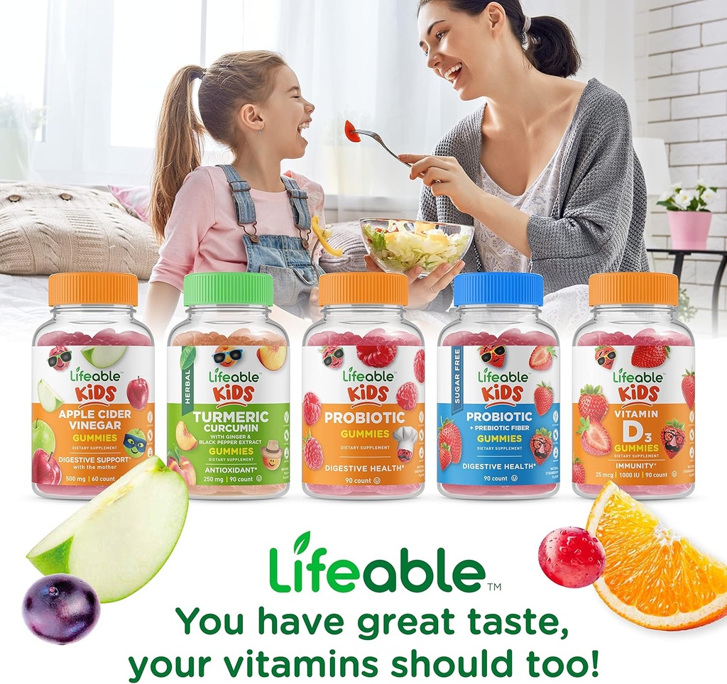 Lifeable Sugar Free Preciotic Fiber Kids + Vitamin C Kids, Gummies Bundle - Great Tasting, Vitamin Supplement, Gluten Free, GMO Free, Chewable Gummy 6