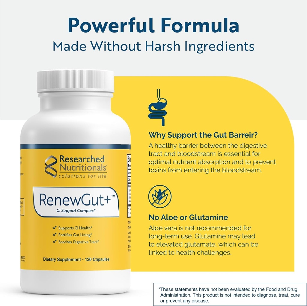 Researched Nutritionals RenewGut - GI Complex to Support Gut Lining, Healthy Histamine Levels & Digestive Health - Collagen Peptides, Zinc Carnosine, DGL & N Acetyl Glucosamine (120 Capsules) 5