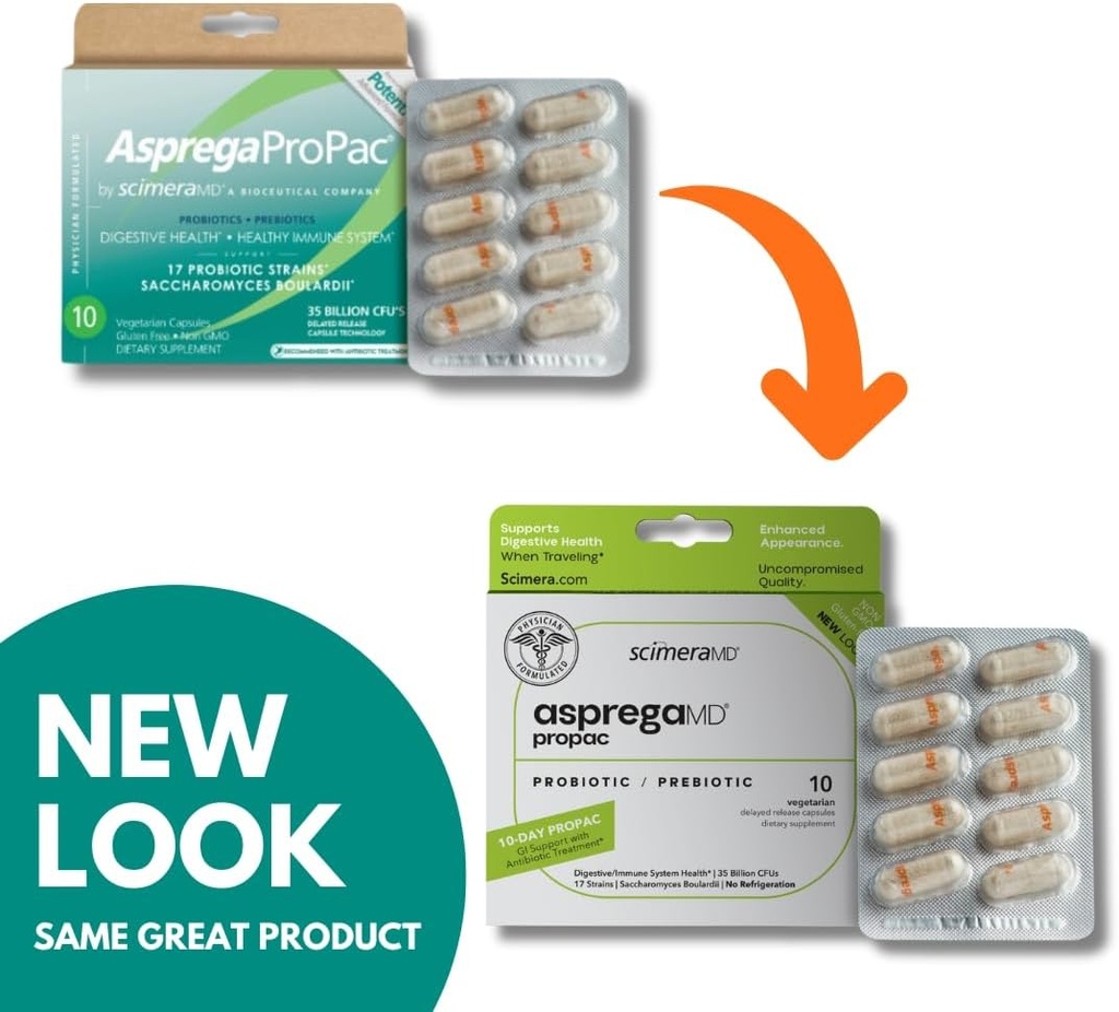 ScimeraMD® Asprega ProPac Probiotics and Prebiotics Supplement for Digestive Health and Immune System Support, 35 Billion CFUs, 10 CT 3