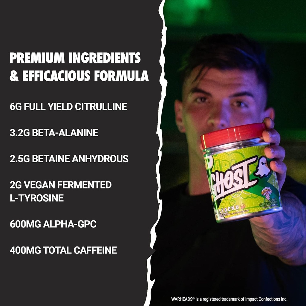 GHOST Legend All Out Pre-Workout Powder, Warheads Sour Green Apple - 20 Servings - Pre-Workout Supplement for Men & Women - Energy & Pumps - Caffeine, L-Citrulline, & Beta Alanine Blend - Sugar Free 4
