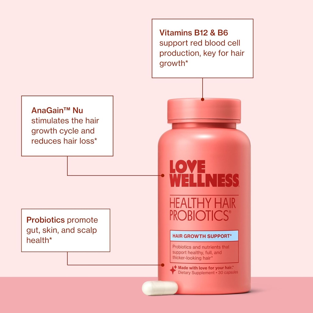 Love Wellness Healthy Hair Probiotics | Support Hair Growth with Biotin and Vitamin B12 & B6 | Supplement for Healthy Scalp & Thicker, Fuller Looking Hair | Safe & Effective | 30 Capsules 5
