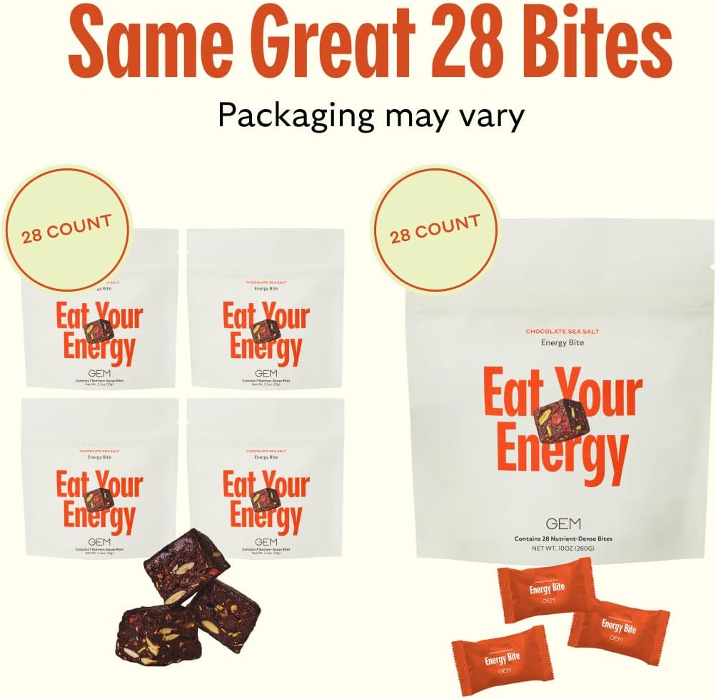 GEM Energy Caffeinated Bite, 40mg Caffeine, Ginseng Root, L-Theanine, Holistic Sustained Energy, Supports Metabolism, Stamina & Endurance | Chocolate Cacao Sea Salt | 28 Servings 3