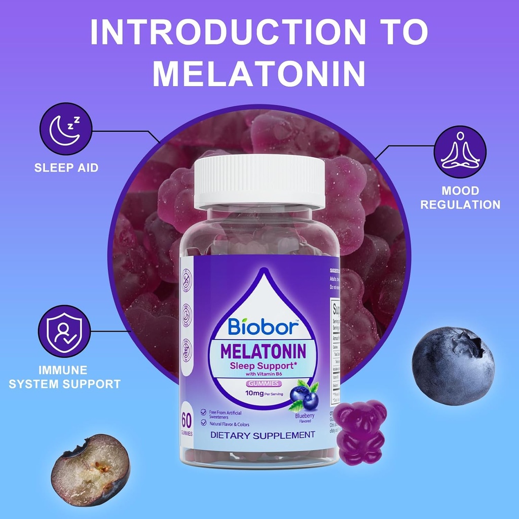 Natural Melatonin Gummy 10mg, Sleep Support Supplement Gummies Vegan Dietary with Vitamin B6 for Adult (Blueberry, 60 Count) 6