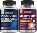 Vitamin B12 and Probiotics 50 Billion Bundle, Methylcobalamin 5000mcg for Energy Production, with Organic Prebiotics, Digestive & Immune Support, B12 Tablets 90 ct & Probiotics Capsules 60ct 2