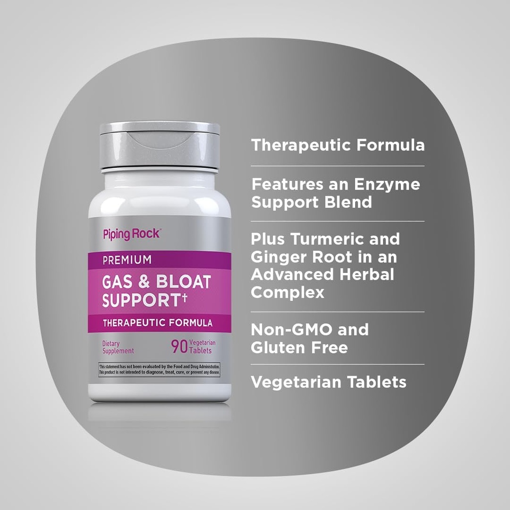Piping Rock Bloat & Gas Support for Men & Women | 90 Tablets | Extra Strength Pills | Supplement with Enzymes, Turmeric, Ginger & More | Non-GMO & Vegetarian Formula 5