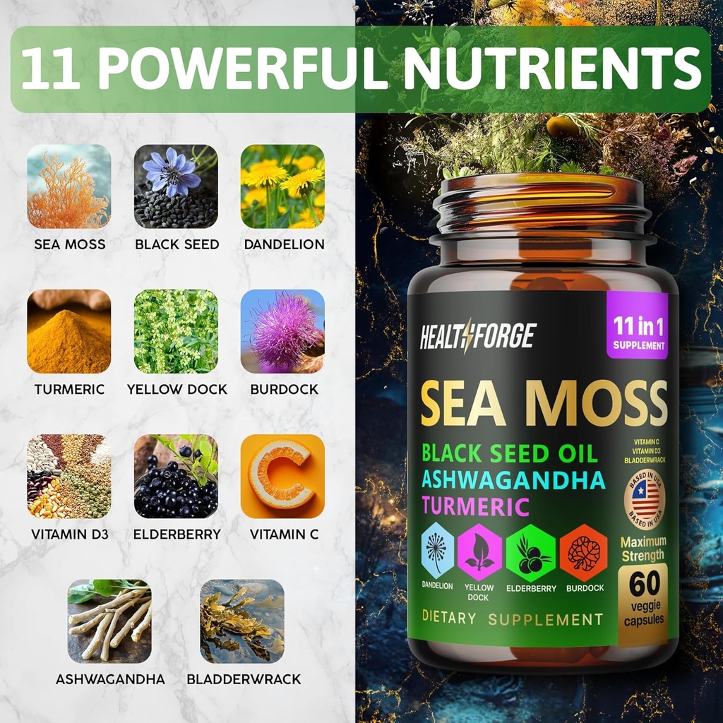 Shilajit, Ashwagandha Capsules & Sea Moss Capsules Black Seed Oil Capsules Ashwagandha, Turmeric - Shilajit for Woman Men Immune Support Rhodiola Rosea, Shilajit 60 Capsules & Sea Moss 60 Capsules Set 3