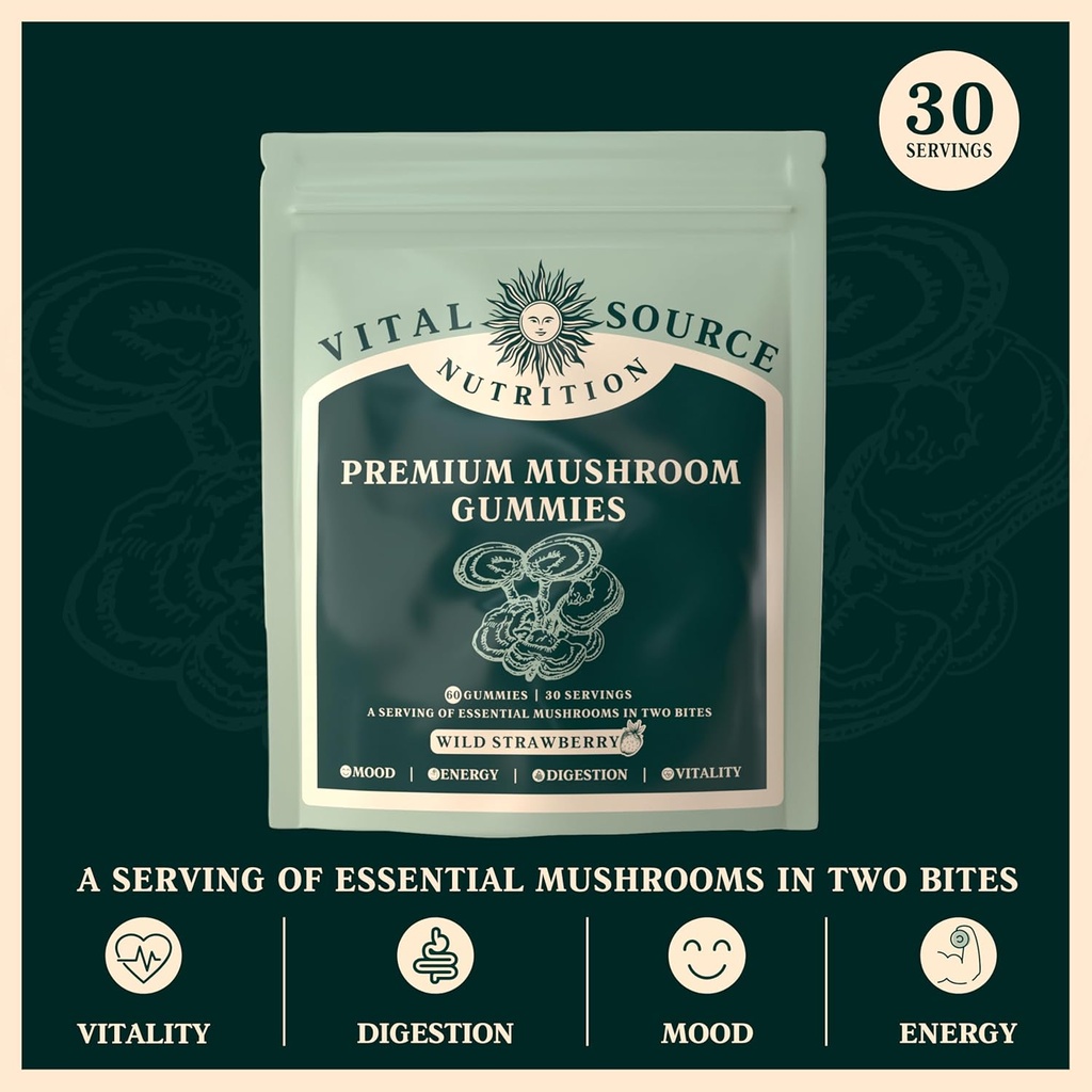Vital Source Nutrition - Premium Mushroom Gummies - Vitality, Digestion & Energy Support - 10 Types of Premium Mushrooms - Vegan, Gluten-Free & Halal - Wild Strawberry - 60 Gummies - 30 Servings 3