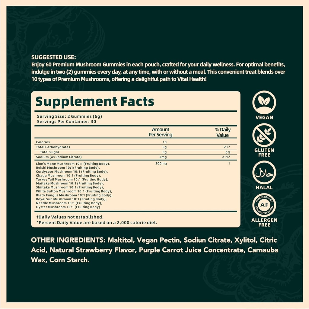 Vital Source Nutrition - Premium Mushroom Gummies - Vitality, Digestion & Energy Support - 10 Types of Premium Mushrooms - Vegan, Gluten-Free & Halal - Wild Strawberry - 60 Gummies - 30 Servings 5
