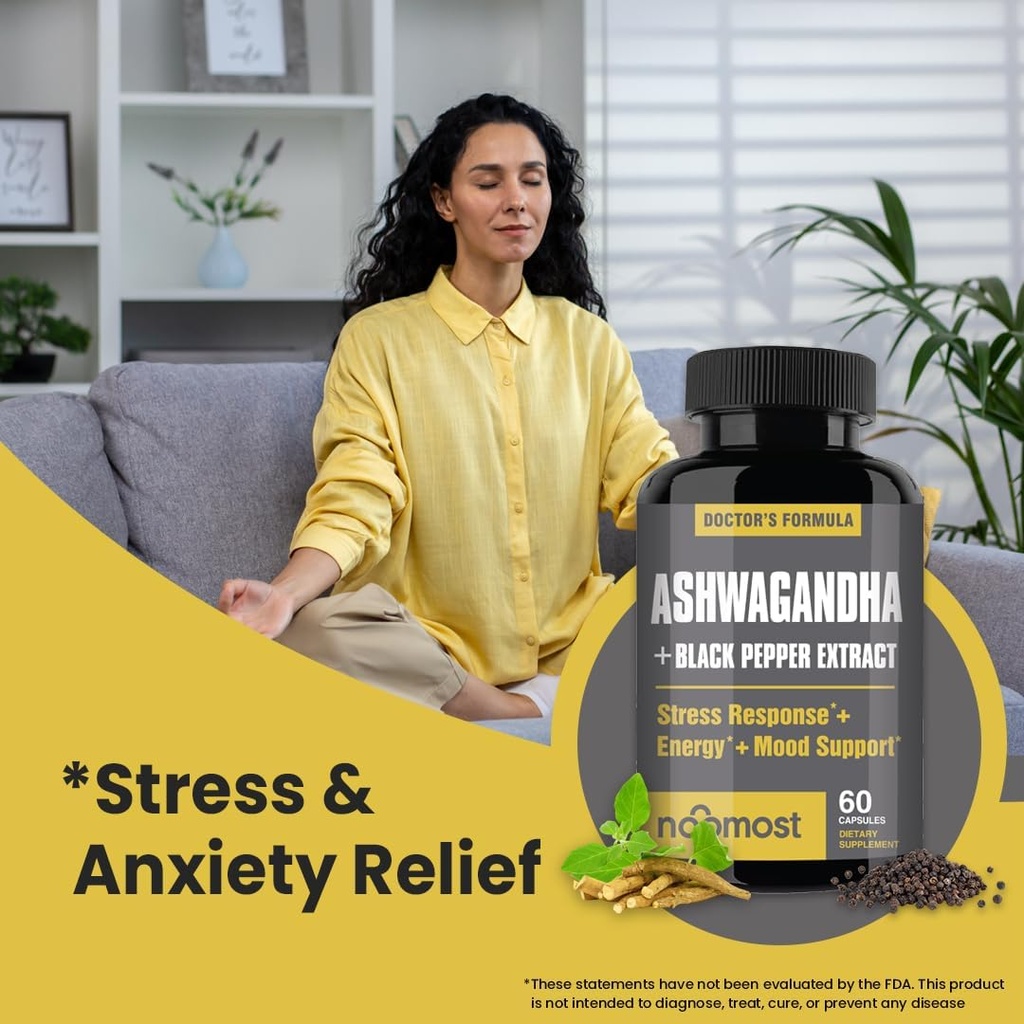NooMost Ashwagandha Root Extract 15:1 with Black Pepper for Better Absorption - 60 Capsules - Natural Stress, Energy, Focus & Sleep Support - Adaptogen Supplement for Men & Women - Made in USA 6
