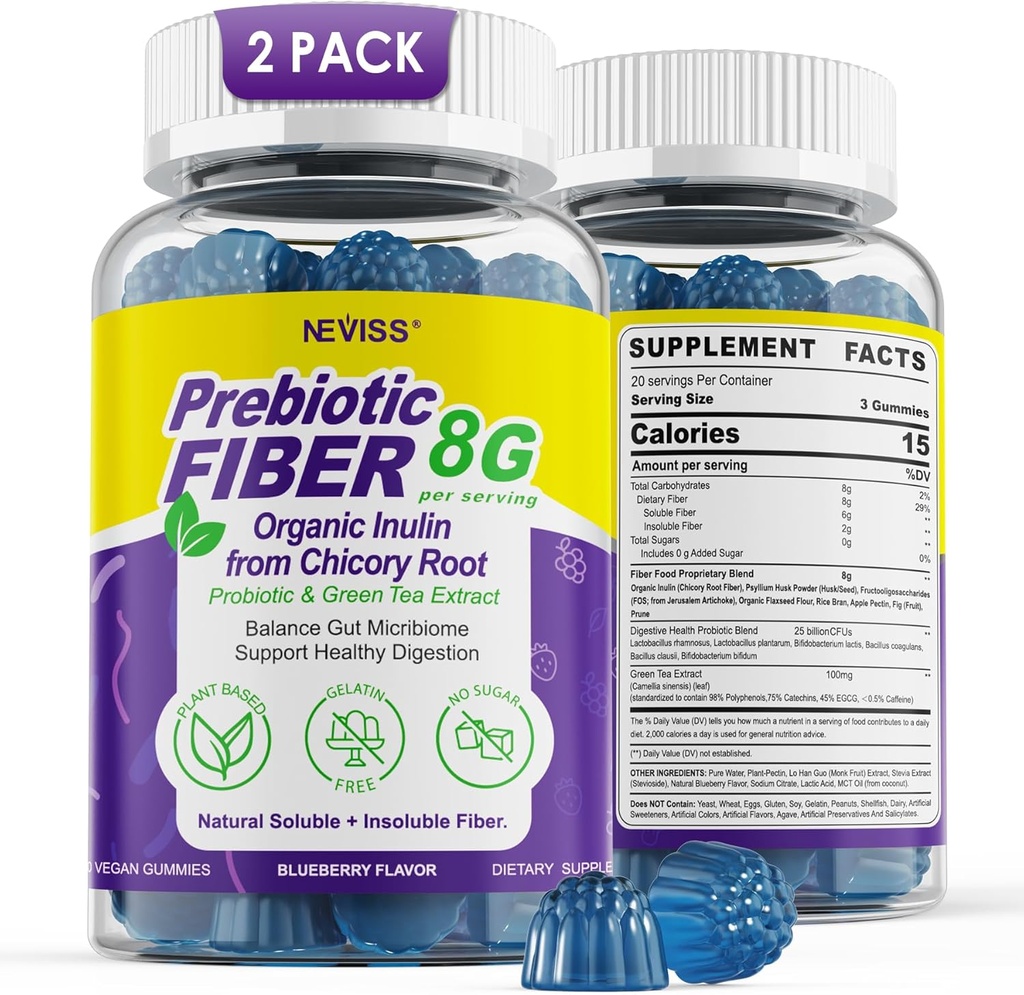 Fiber Gummies for Adults 8g (Inulin, Psyllium Husk, FOS More) with Probiotics, Green Tea Extract, Sugar Free Plant Based Fiber Supplement Blend for Digestive Health, Regularity, Non-GMO, Vegan, 120Cts 2
