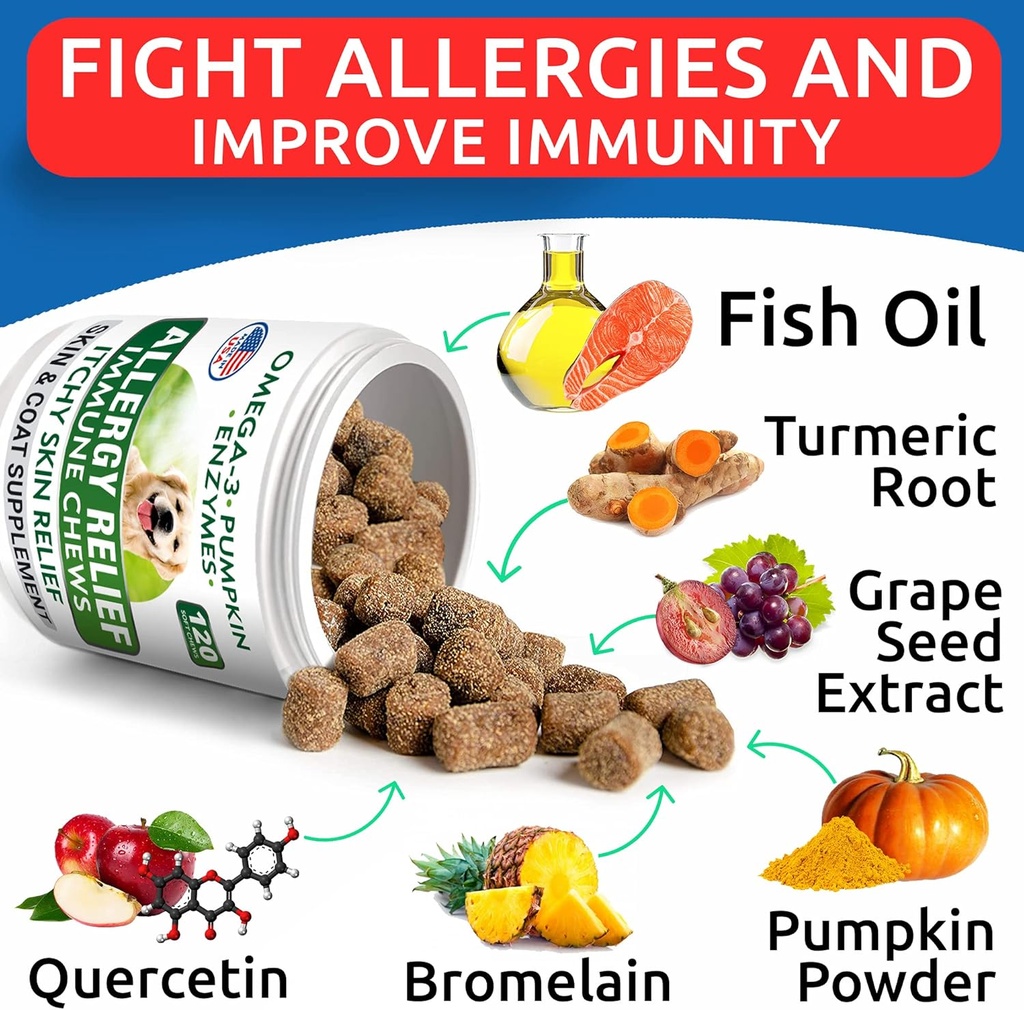 Allergy Relief Dog Treats + Dog Probiotics Chews Bundle - Omega 3 + Pumpkin + Enzymes for Itchy Skin Relief + Digestive Enzymes + Prebiotics for Gas, Diarrhea, Constipation, Upset Stomach Relief 6