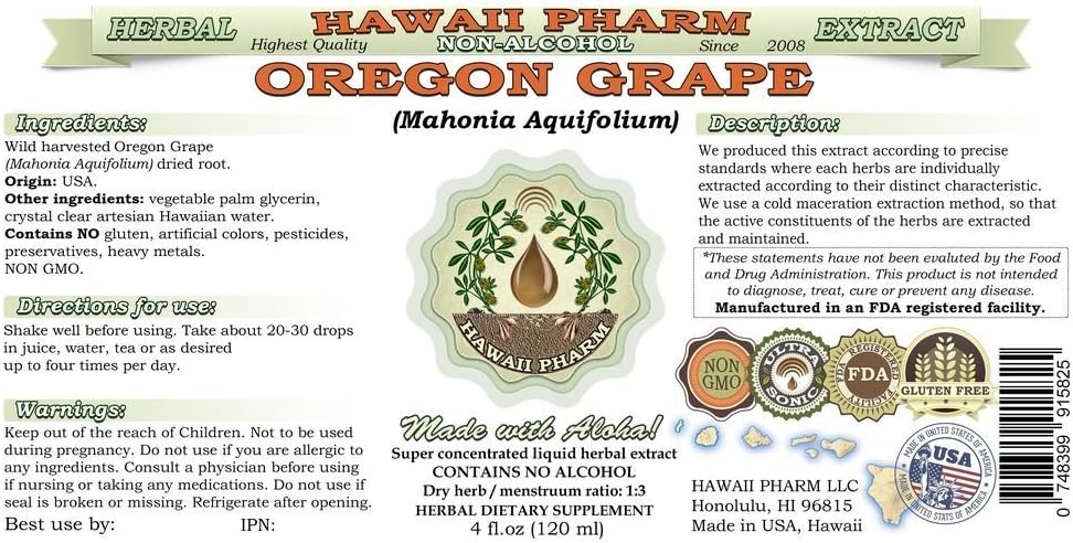 Hawaii Pharm Oregon Grape Alcohol-Free Liquid Extract, Oregon Grape (Mahonia aquifolium) Dried Root Glycerite Natural Herbal Supplement, USA 2x32 fl.oz 3