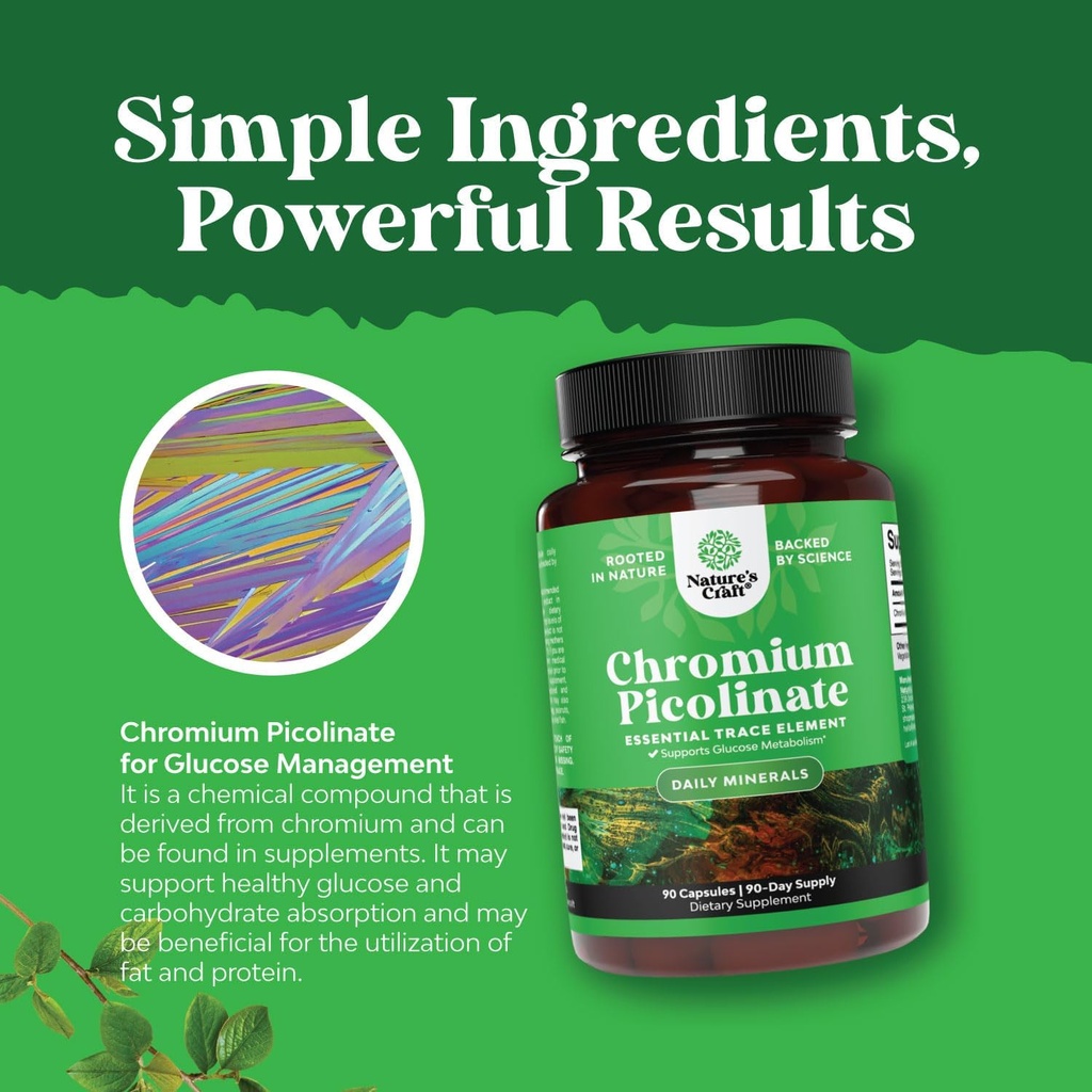 Chromium Picolinate 200mcg Mineral Supplements - Natural Chromium Supplement for Sugar Balance Muscle Growth Brain Booster Heart Health - Natural Pre Workout for Men and Women 6