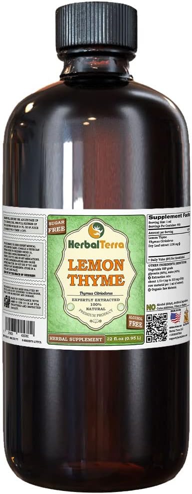 Lemon Thyme (Thymus x Citriodorus) Glycerite, Organic Dried Herb Alcohol-Free Liquid Extract (Brand Name: HerbalTerra, Proudly Made in USA) 32 fl.oz (0.95 l) 2