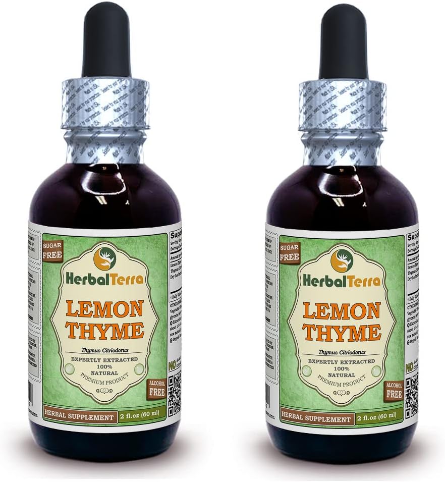 Lemon Thyme (Thymus x Citriodorus) Glycerite, Organic Dried Herb Alcohol-Free Liquid Extract (Brand Name: HerbalTerra, Proudly Made in USA) 32 fl.oz (0.95 l) 5