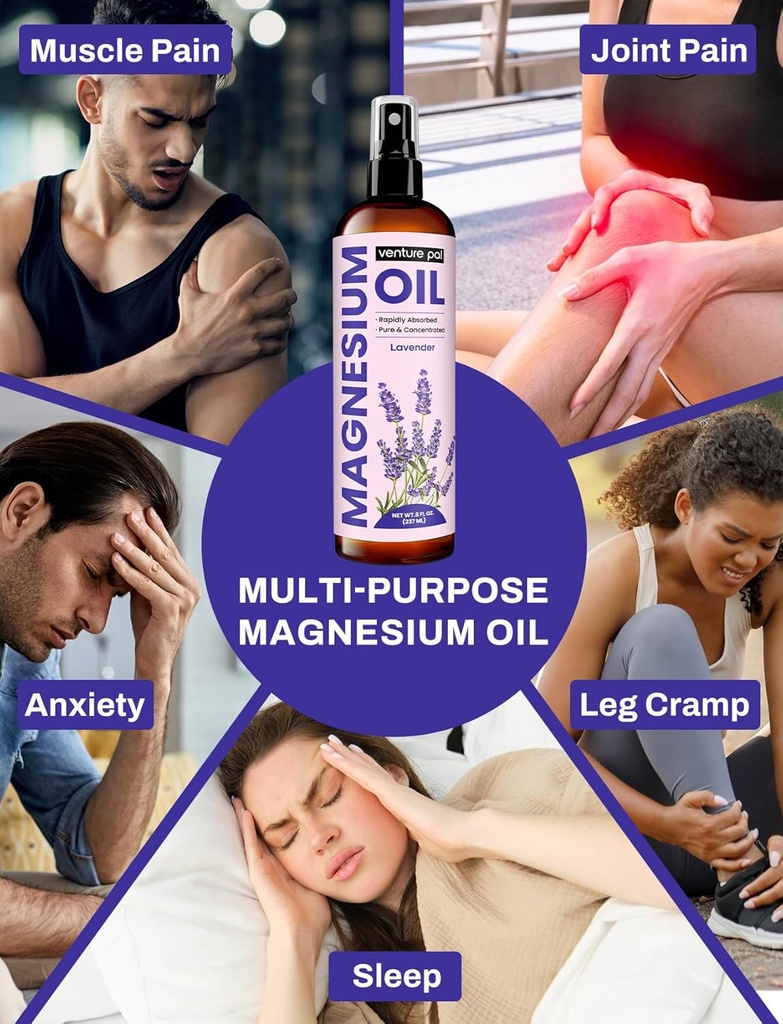 Venture Pal 100% Pure Magnesium Oil Spray with Lavender, Fast Absorption, Less Sting, Ultra-Soothing for Sleep & Muscle Relaxation, Seven (Big 8 oz) Minerals 3