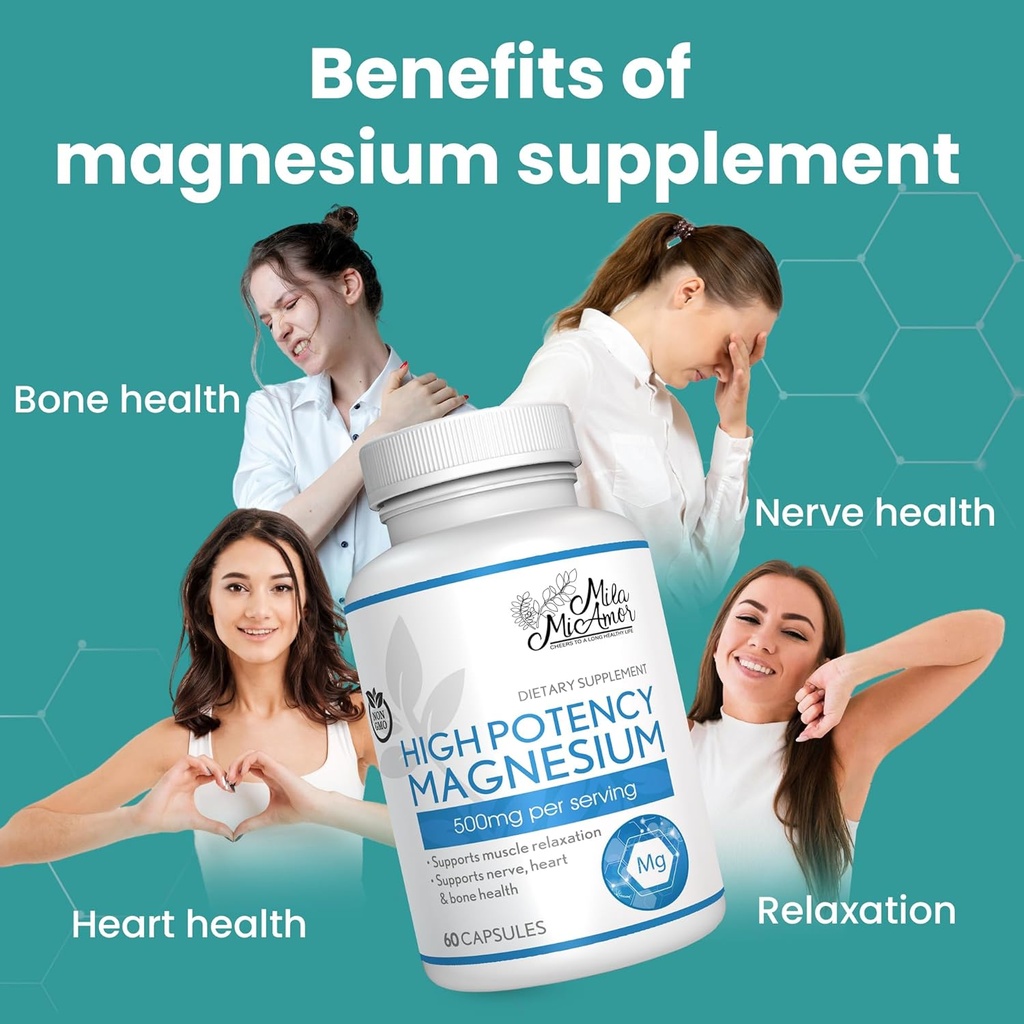 Milamiamor High Potency Magnesium - High Absorption Magnesium Citrate - Whole Body Support - Heart, Nerve and Bone Health - Non-GMO, Vegan & Gluten Free - Made in USA - 500 mg - 60 Capsules 6