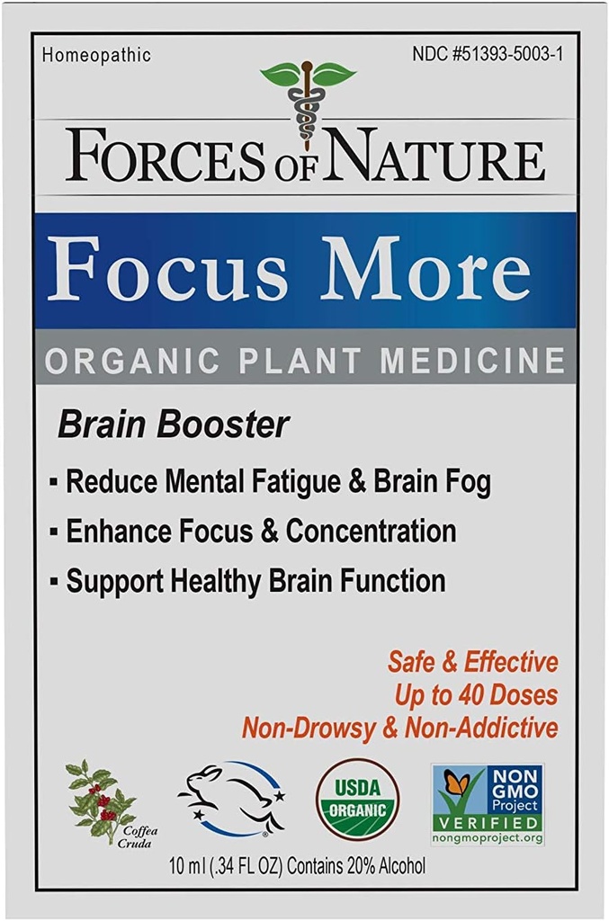 Forces of Nature Organic, Natural Focus More Brain Health Support with Dandelion & Wild Lettuce, Sublingual Tincture Helps Support Memory, Concentration, Non-GMO, 0.34 Fl Oz 5