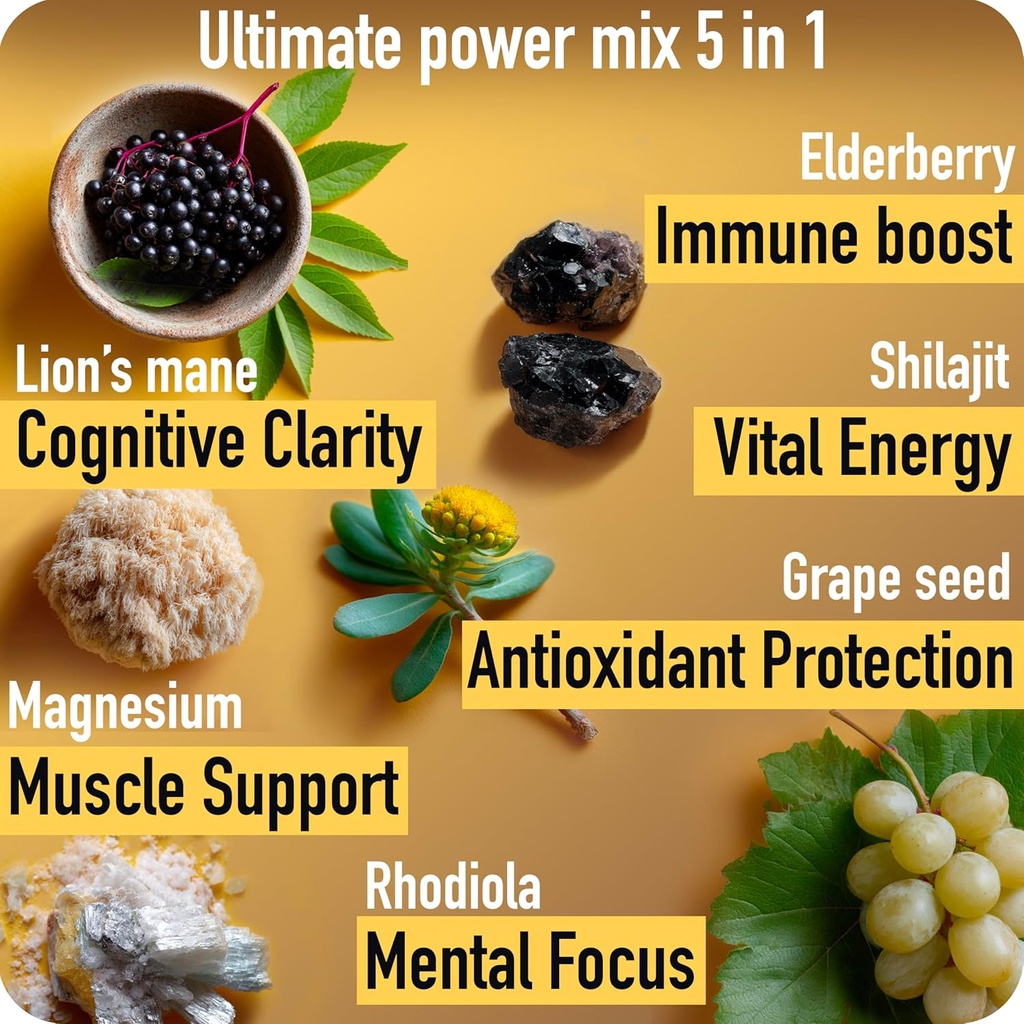 ad hoc 1100mg Gold Shilajit Gummies with Magnesium, Lions Mane, Rhodiola, Grape Seed - Himalayan Shilajit for Men Women, 85+ Trace Minerals & Fulvic Acid, Pure Shilajit for Energy Immune Support,60 Ct 3