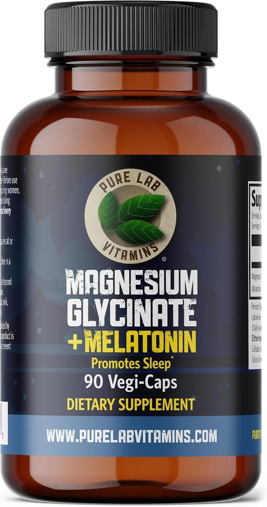 Magnesium Glycinate with Melatonin 3 mg - 90 Vegan Caps by Pure Lab Vitamins - Helps with Jet Lag and Sleep Cycles 🍁 Made in Canada 2