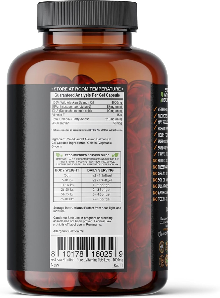 Best Paw Nutrition Pure Wild Alaskan Salmon Oil for Dogs & Cats Allergy, Dry Itchy Skin, Hotspots, & Joint Pain Relief 1000mg Softgels 5