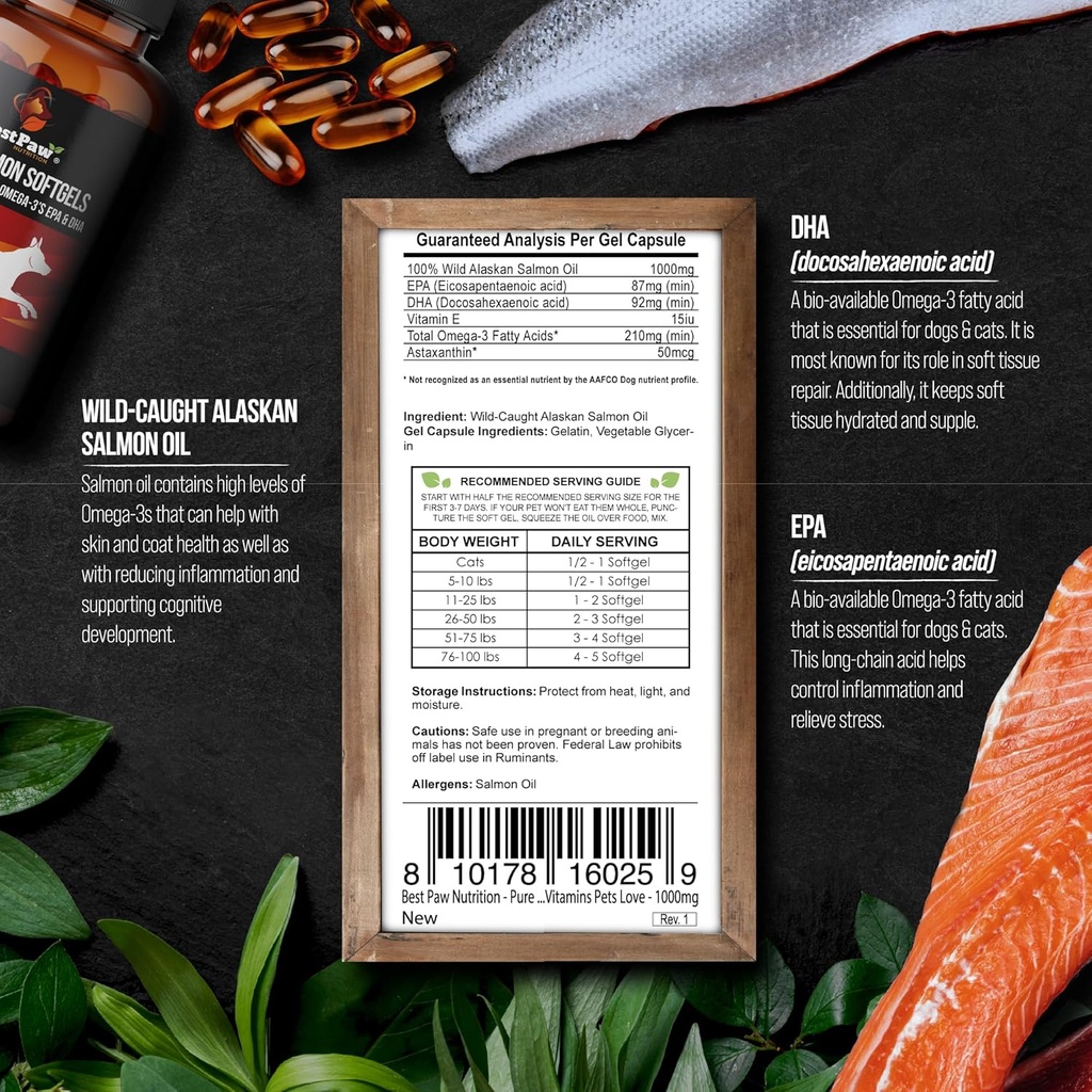 Best Paw Nutrition Pure Wild Alaskan Salmon Oil for Dogs & Cats Allergy, Dry Itchy Skin, Hotspots, & Joint Pain Relief 1000mg Softgels 6