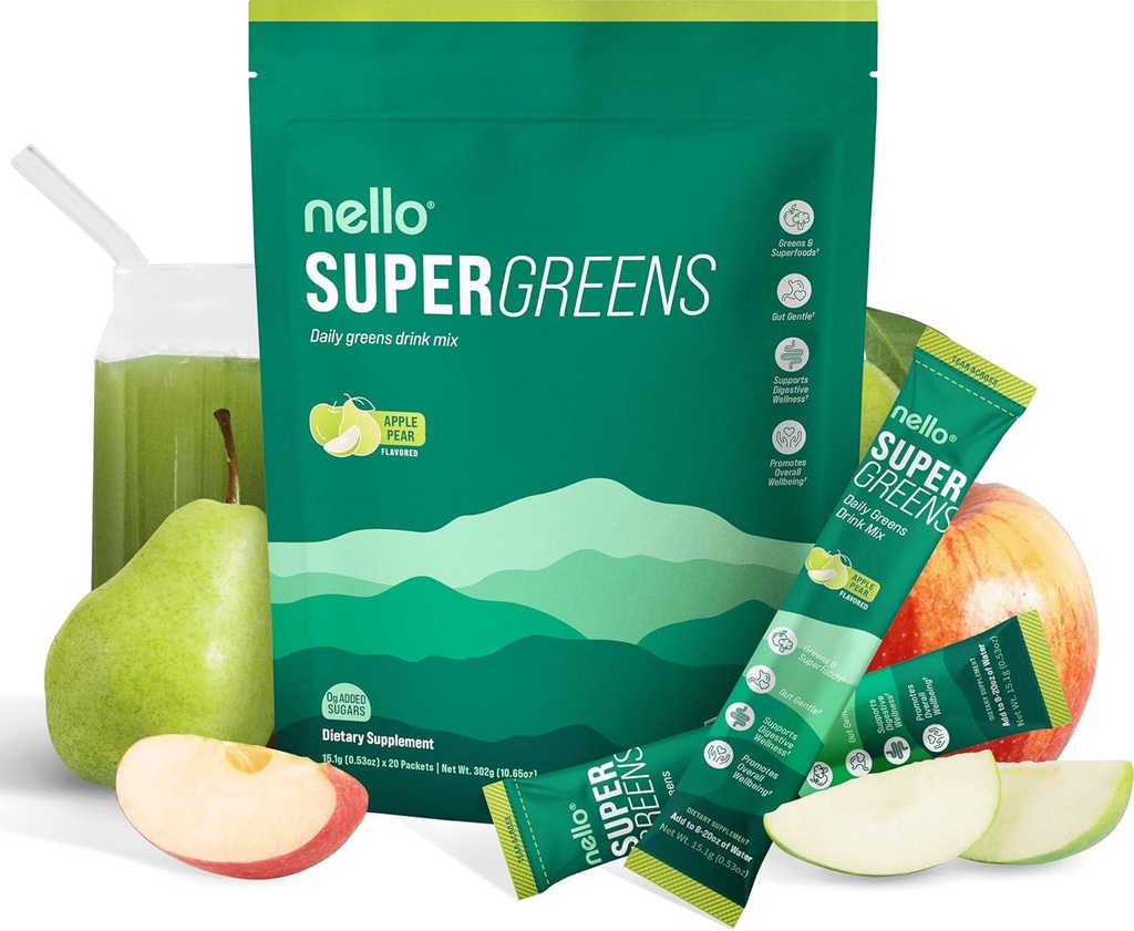Nello Supergreens Premium Superfood Greens Drink Mix w/Chlorella, Moringa, Spinach & Broccoli + Digestive Enzymes & Probiotic Blend -Nutrient-Packed Powder Wellness (Mango Peach, 20 SRV, Travel Pack) 2