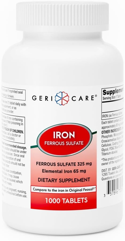 GeriCare Ferrous Sulfate Tablets 325mg, Elemental Iron 65 mg High Potency Iron Supplement | No Artificial Color Additives Dietary Supplement 1000 Count. (Pack of 1) 2
