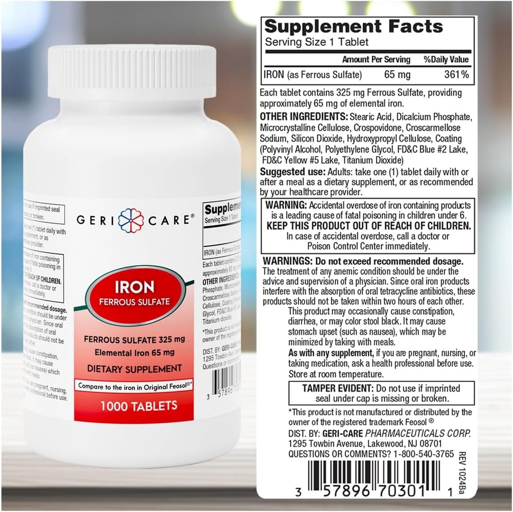 GeriCare Ferrous Sulfate Tablets 325mg, Elemental Iron 65 mg High Potency Iron Supplement | No Artificial Color Additives Dietary Supplement 1000 Count. (Pack of 1) 4