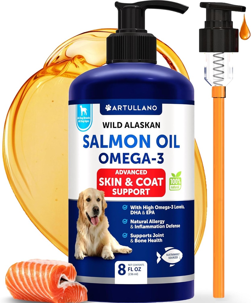 Salmon Oil for Dogs - Omega 3 for Dogs - 8 FL OZ Wild Alaskan Salmon Fish Oil - Natural EPA & DHA Fatty Acids for Skin & Coat, Allergy, Joint & Bone Health - Liquid Support Supplement for Shedding 2