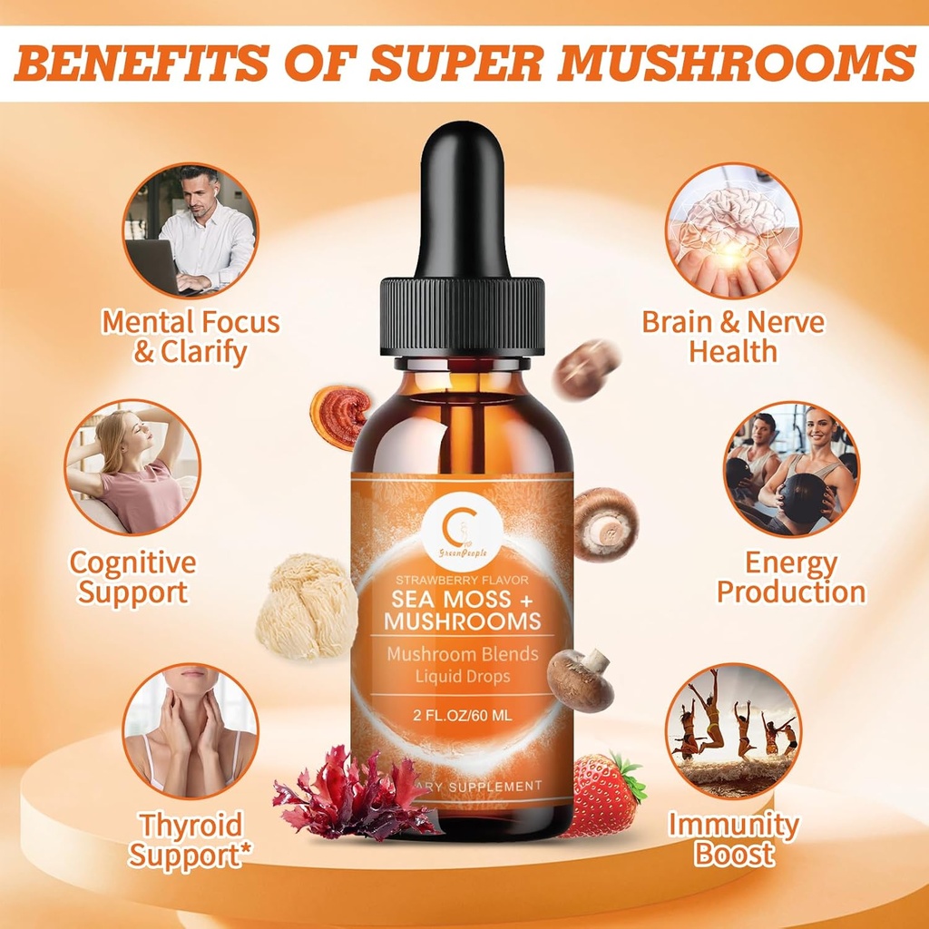 Sea Moss & Mushrooms Liquid Drops, Lions Mane Supplement with Irish Sea Moss & Cordyceps etc, Support for Memory, Focus & Clarify, Immune and Digestive Health, Non-GMO, Strawberry Flavor, 2 FL OZ 4