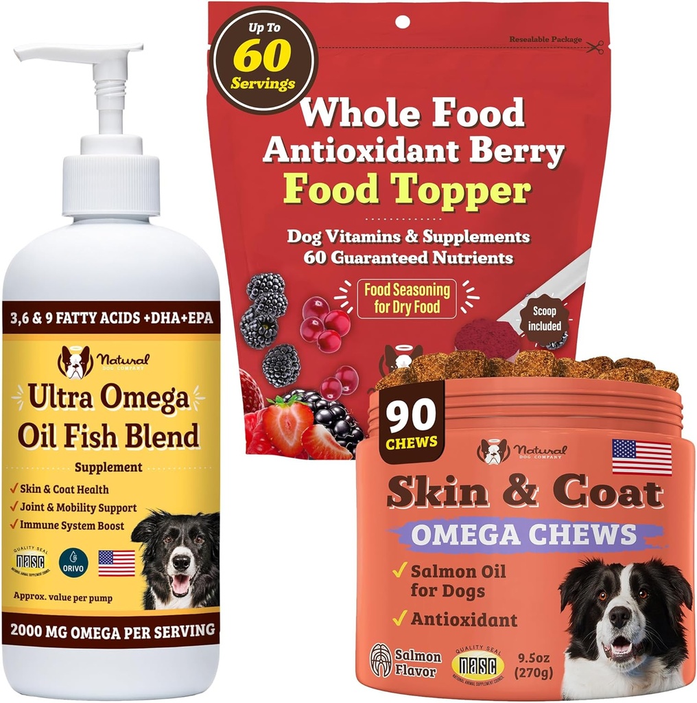 Natural Dog Company Skin & Coat Health Bundle with Omega-3, DHA, and Antioxidants for Dogs, Supports Healthy Skin, Shiny Coat, and Overall Wellness Ideal for Dry Skin Relief & Enhancing Dog Coat Shine 2