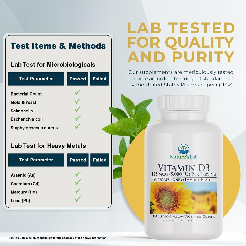 Nature's Lab Vitamin D3 5000 IU 180ct (6 Month Supply) for Immune Support and Healthy Bones Gluten Free, Non GMO 4