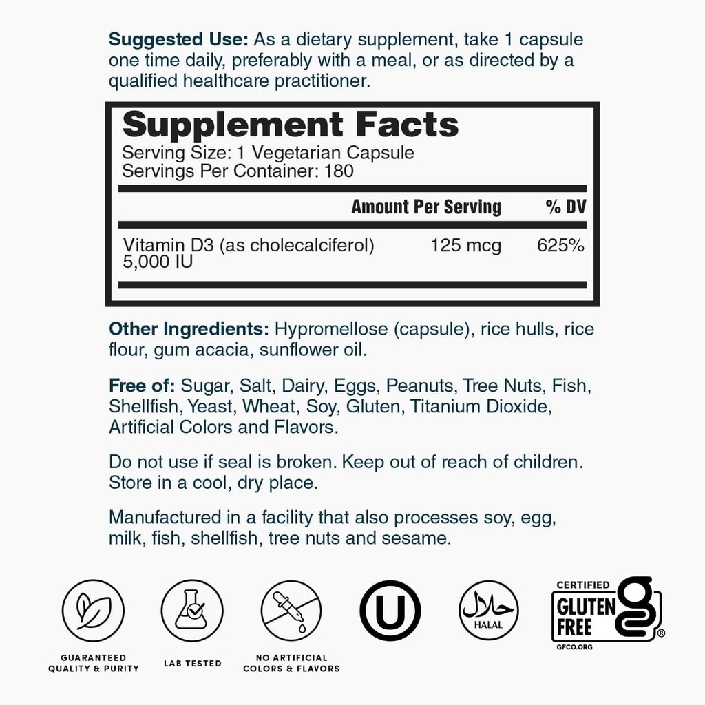 Nature's Lab Vitamin D3 5000 IU 180ct (6 Month Supply) for Immune Support and Healthy Bones Gluten Free, Non GMO 6