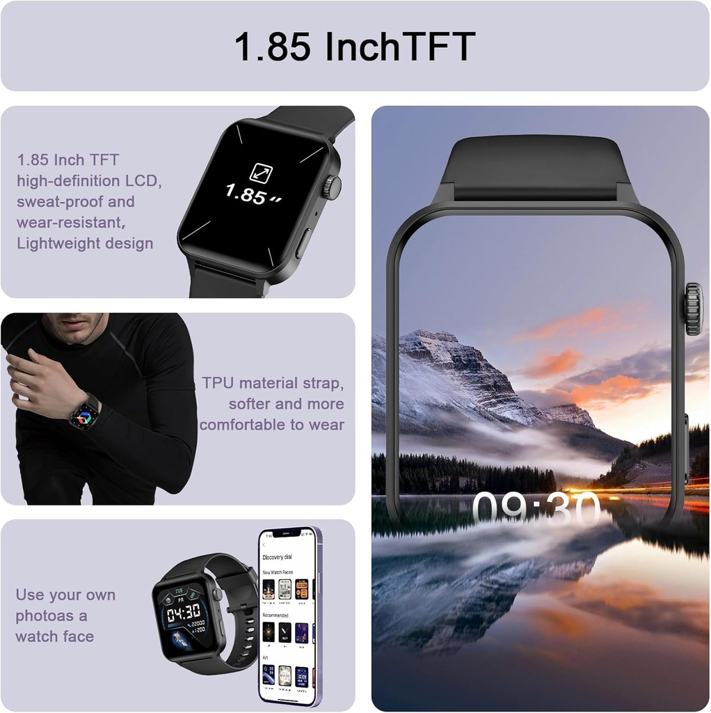 IOWODO Smart Watch for Men Women - 1.85''HD Screen with Make and Answer Calls, with AI Voice Assistant, SpO2/Heart Rate/Sleep Monitor, 100+ Sports Modes, Smartwatch for Android and iOS (2 Straps) 3