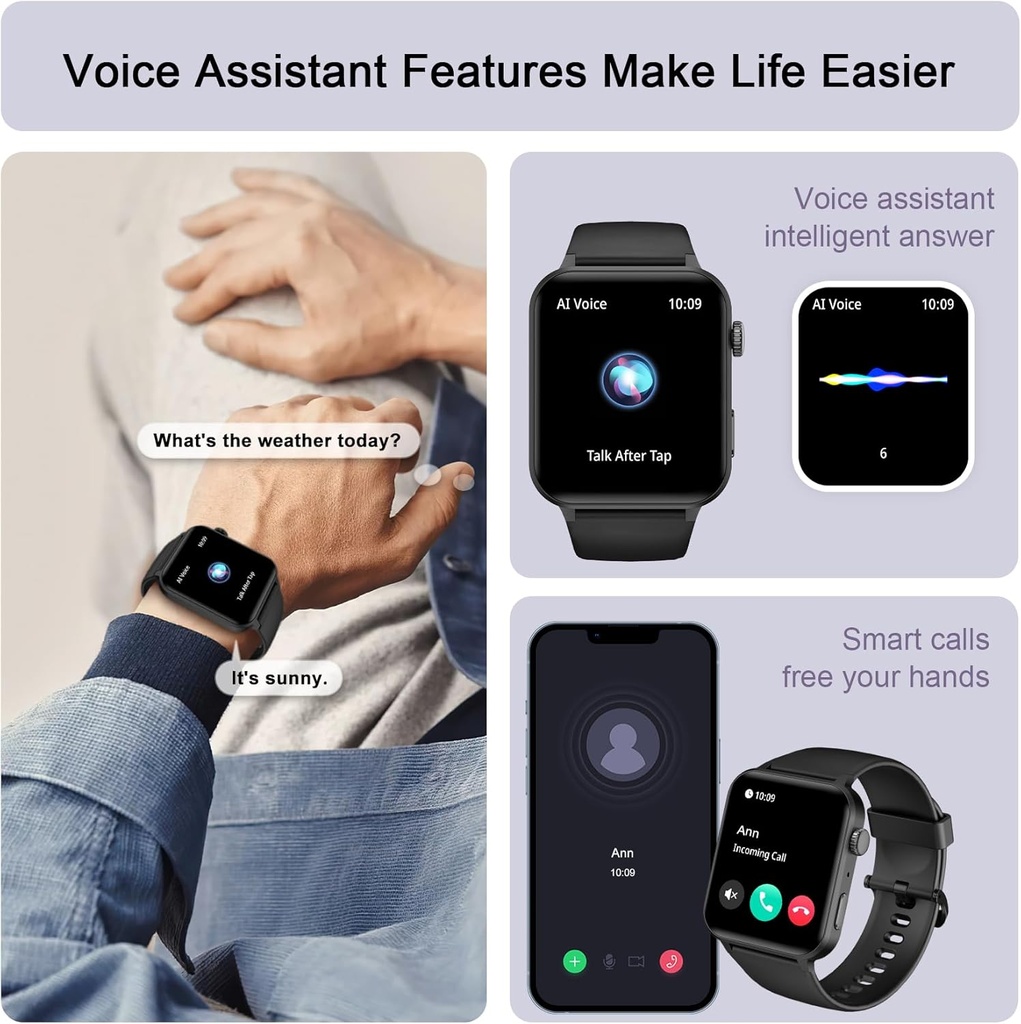 IOWODO Smart Watch for Men Women - 1.85''HD Screen with Make and Answer Calls, with AI Voice Assistant, SpO2/Heart Rate/Sleep Monitor, 100+ Sports Modes, Smartwatch for Android and iOS (2 Straps) 5