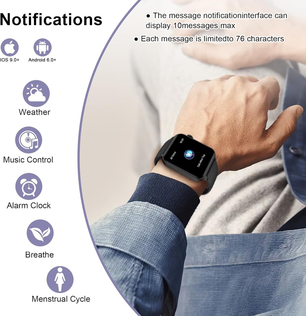 IOWODO Smart Watch for Men Women - 1.85''HD Screen with Make and Answer Calls, with AI Voice Assistant, SpO2/Heart Rate/Sleep Monitor, 100+ Sports Modes, Smartwatch for Android and iOS (2 Straps) 6