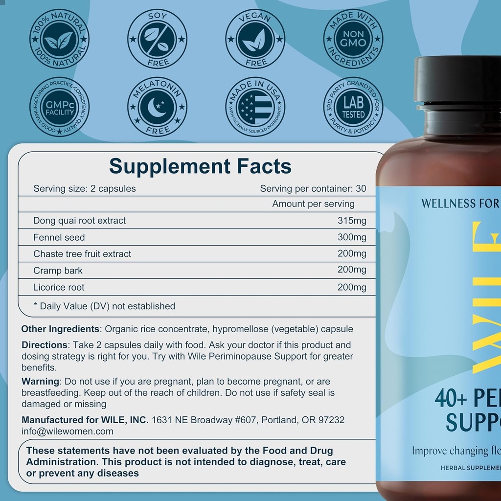 WILE Menopause and Perimenopause Supplements for Women - Menstrual Cramp, PMS and Heavy Period Relief with Dong Quai - Premenopausal Support for Hormone Balance & Improved Mood, Vegan, 30 Servings 5