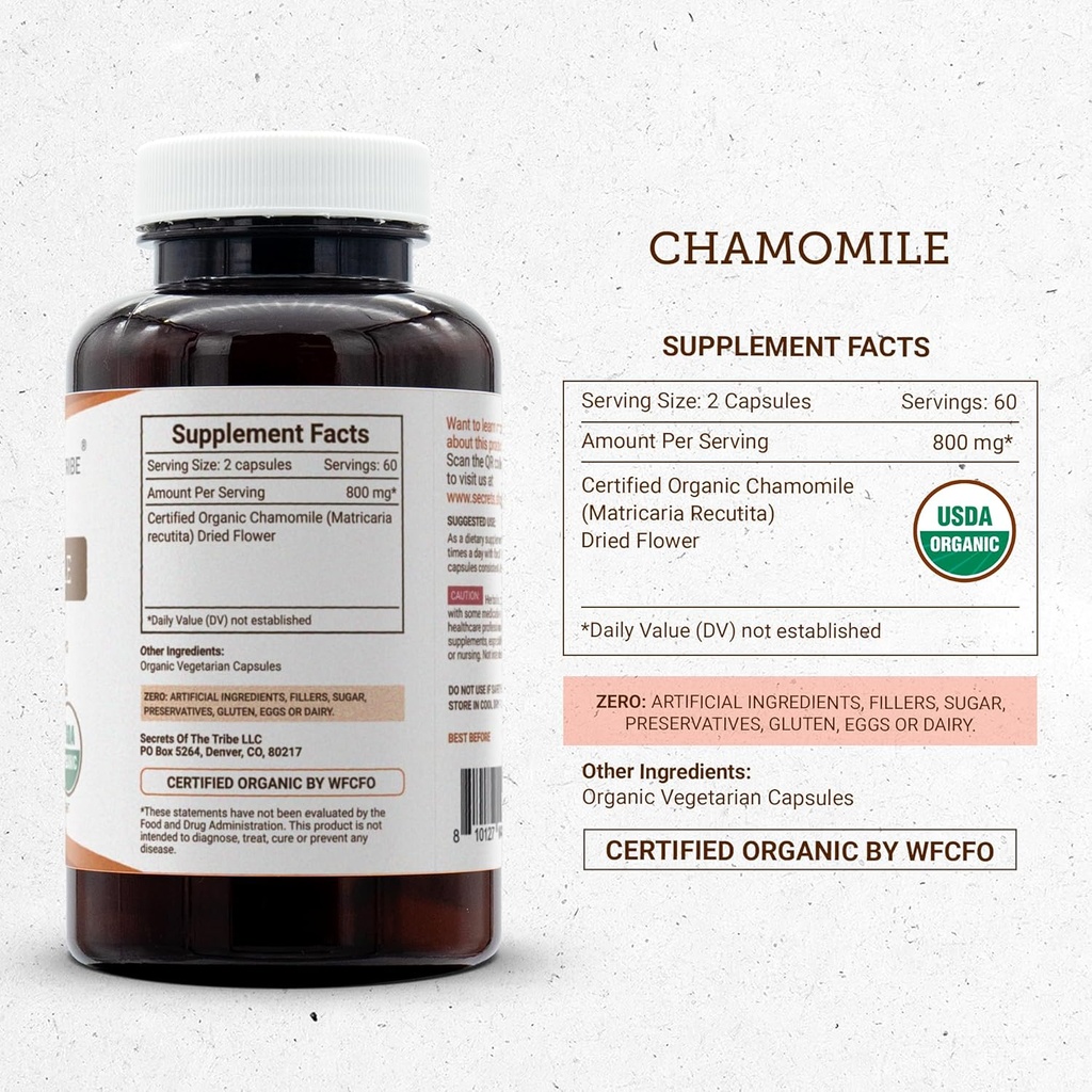 Secrets of the Tribe Chamomile USDA Organic 120 Capsules | High-Potency Herbal Supplement | Made with Vegetarian Capsules and Organic Chamomile (Matricaria recutita) Dried Flower (120 Count) 5