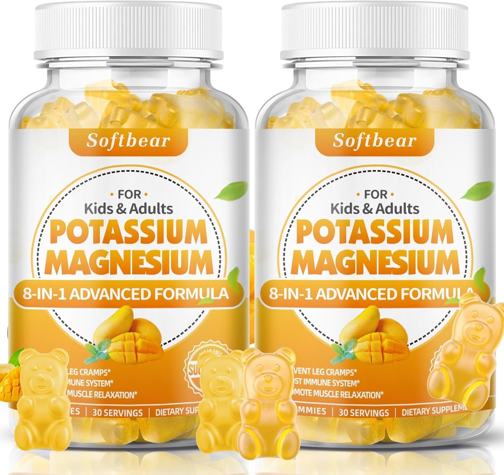 softbear Potassium Magnesium Gummies for Women, Calcium Magnesium Potassium Supplements with Vitamins Sugar-Free Potassium Citrate Gummies Support Muscle Health, Mango Flavor 120 Count 2