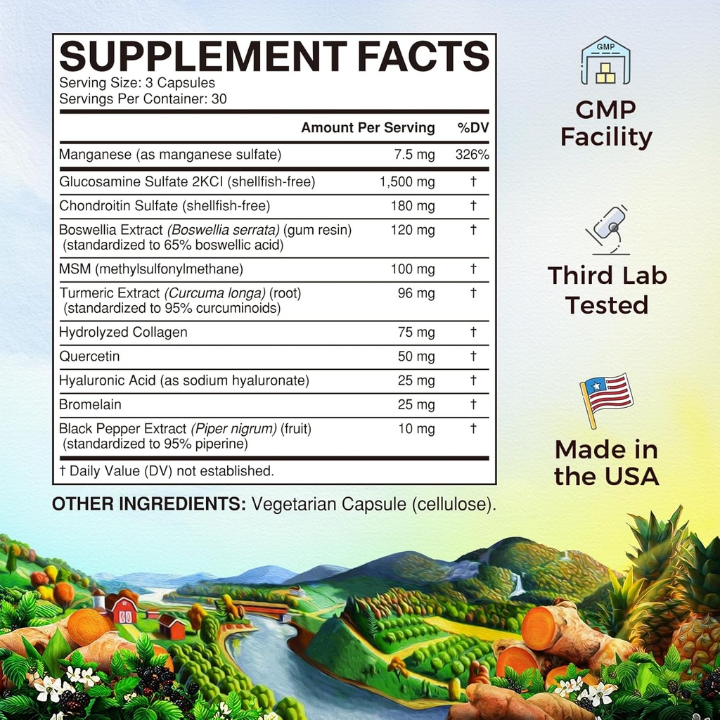 Vitalitown Glucosamine Chondroitin MSM, Turmeric, Collagen, Hyaluronic Acid, Boswellia, Quercetin, 11-in-1 Formula, Glucosamine Sulfate 1500 mg, No Shellfish, Flexibility & Comfort, 180 Caps 3