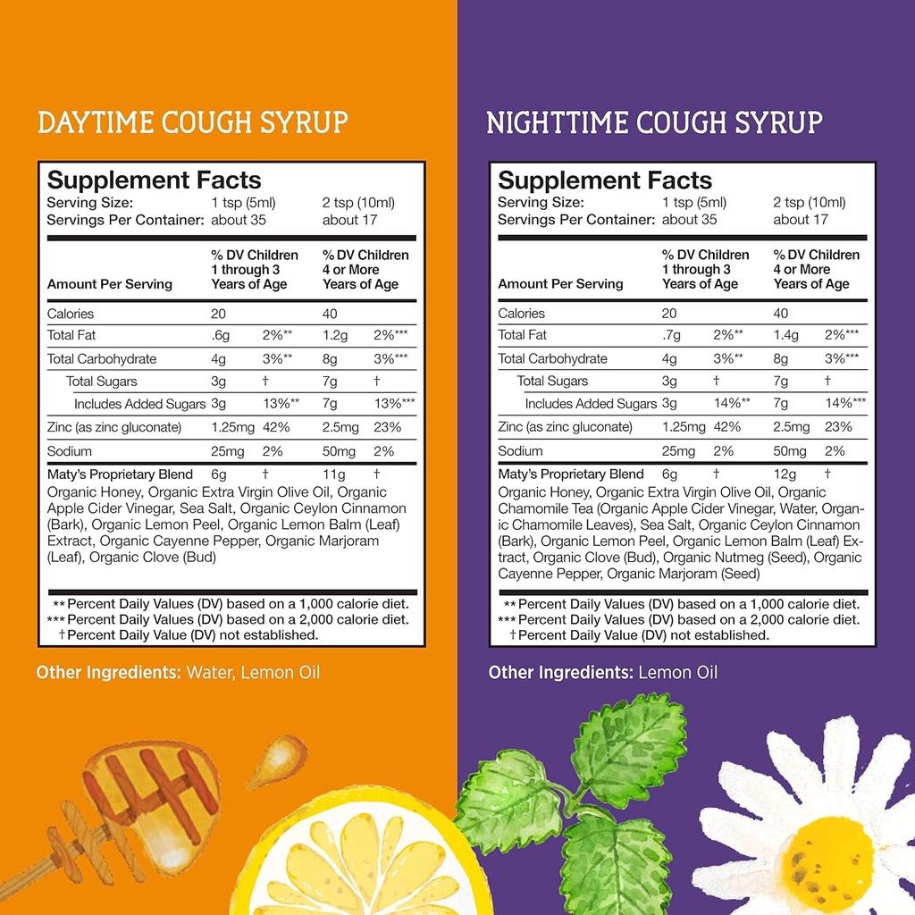 Matys Organic Kids Cough Syrup Day & Night Combo for Children 1 Year +, Soothing Cough Relief w/Zinc, Melatonin & Dye Free, 2 Bottles, 6 fl oz Each 6