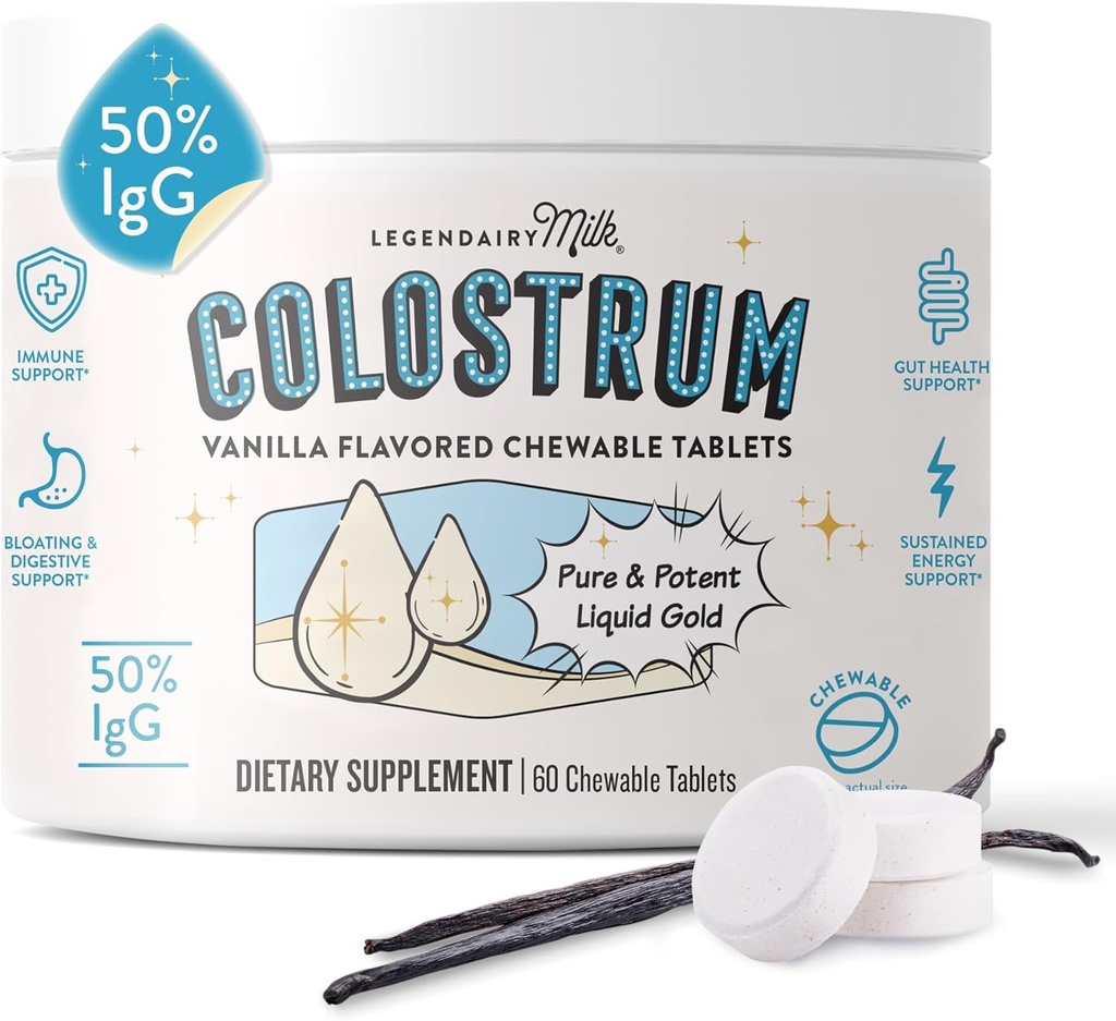 Legendairy Milk Colostrum Supplement - Premium Bovine Colostrum for Humans - 50% IgG Immunoglobulin for Immune Support & Gut Health - Energy & Muscle Recovery - Vanilla Chewable Tablets, 30 Servings 2