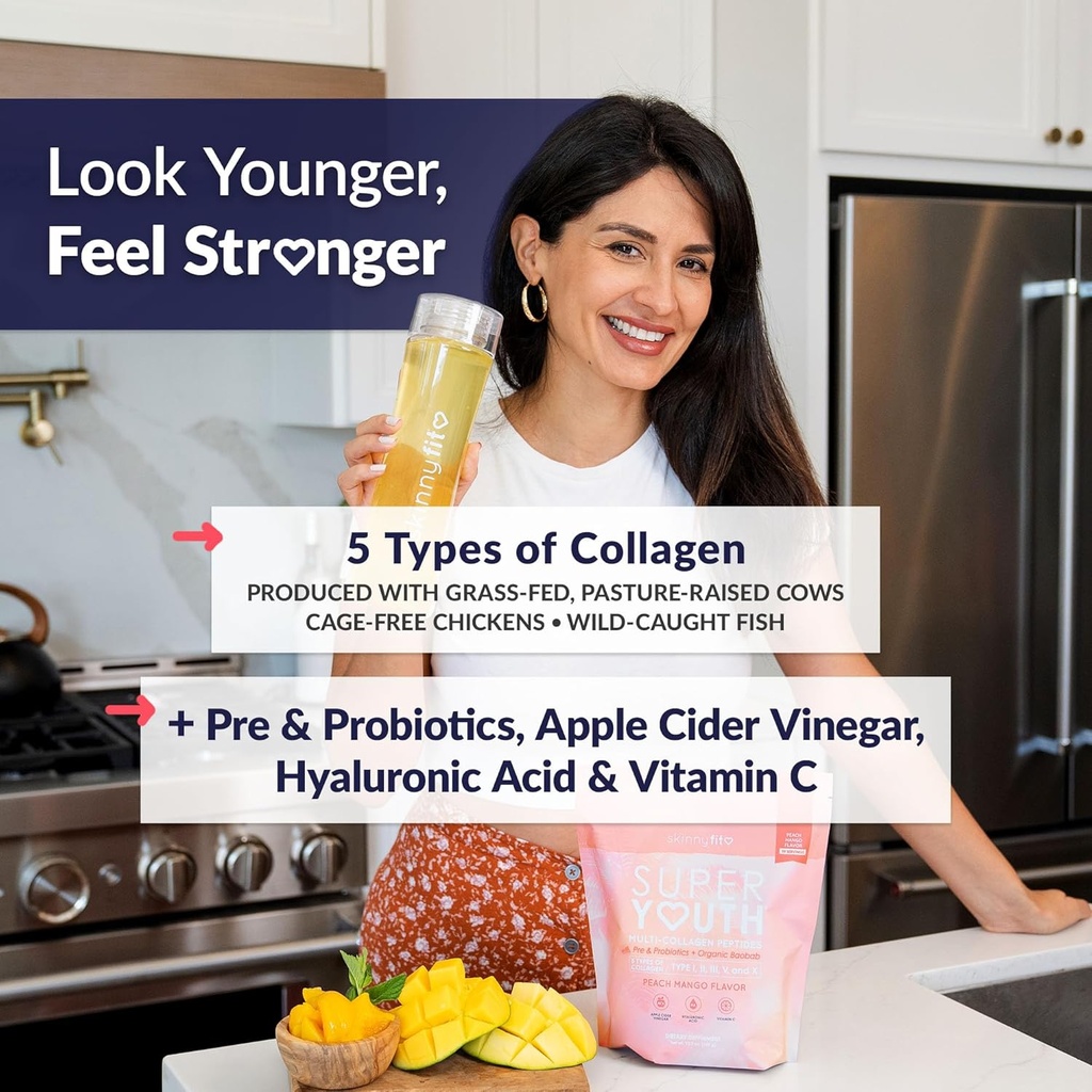 SkinnyFit - Super Youth Collagen for Women - Multi Collagen Peptides Powder - Probiotics, Fiber, Hyaluronic Acid - Non GMO, Gluten Free, Sugar Free - Beauty & Self Care - Peach Mango (28 Servings) 3